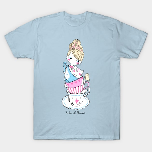 cute girl with cat take a break T-Shirt by Mako Design 